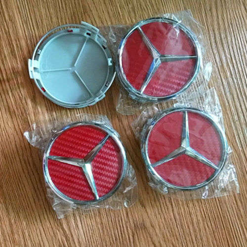 (SHOP SOILED) 4x 75mm Chrome (Red Background) Plastic Wheel Centre Cap for Mercedes Benz