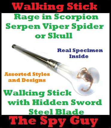 Rage Scorpions Serpen Viper Spider or Skull Walking Stick with Hidden Sword Steel Blade