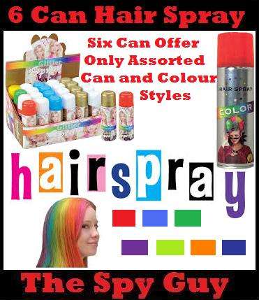 Hair Spray in 6 Assorted Colour Cans Easy Wash off Ideal for Dress up Children Parties Stag Nights