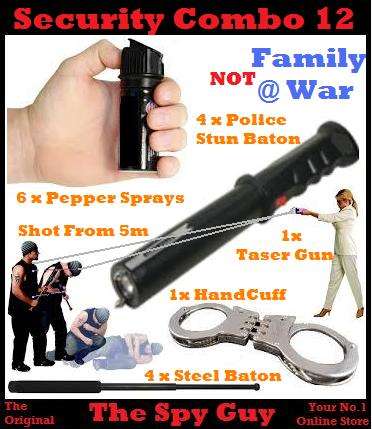 Security Combo 12 Family War Police & Shooting Stun Guns Pepper Sprays Steel Batons Handcuffs
