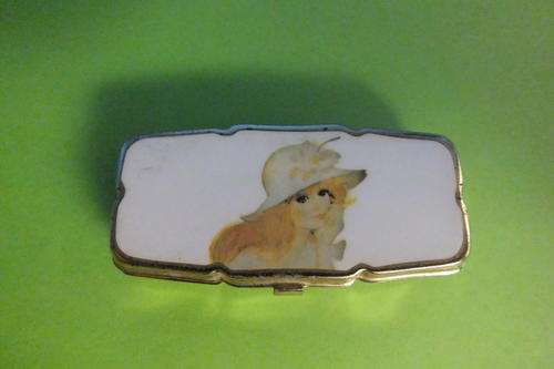Antique Rectanular Pill Box with Lady Picture White Enamel Gold Color