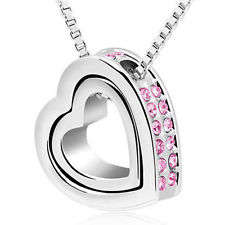 Double Silver Heart Pendant made with Swarovski Elements - Pink