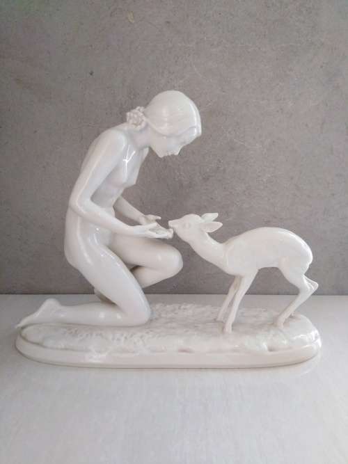 VINTAGE HUTSCHENREUTHER PORCELAIN FIGURINE `WOMAN WITH FAWN` IN EXCELLENT CONDITION