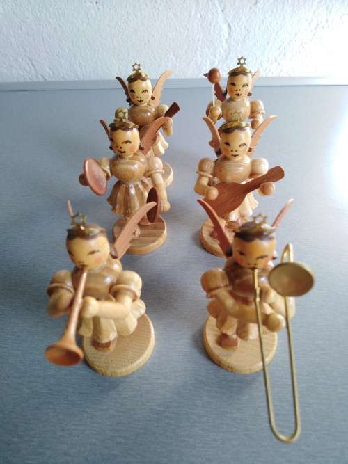 6 Carved German Wooden Angels playing Instruments