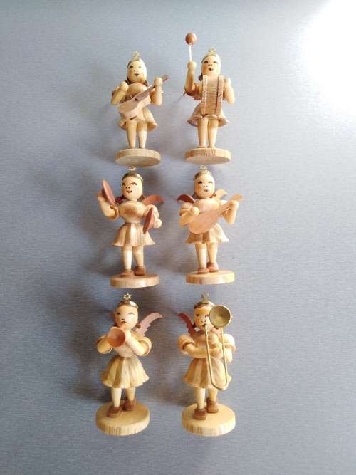 6 Carved German Wooden Angels playing Instruments