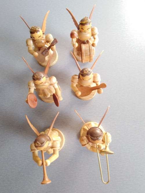 6 Carved German Wooden Angels playing Instruments