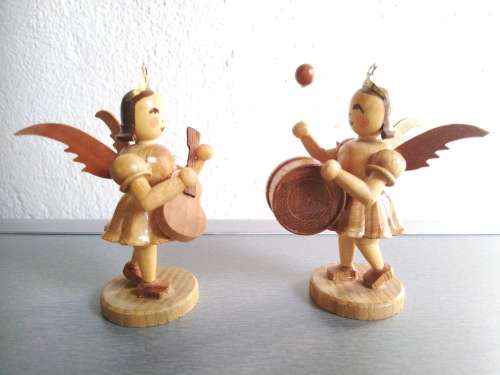 6 Carved German Wooden Angels playing Instruments