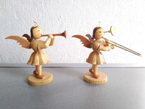 6 Carved German Wooden Angels playing Instruments