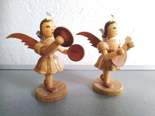 6 Carved German Wooden Angels playing Instruments