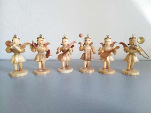 6 Carved German Wooden Angels playing Instruments
