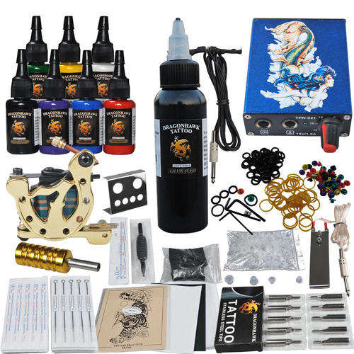 Complete Tattoo Kit 1 Machine Gun Power Supply 7 Color Inks Needles SetD221
