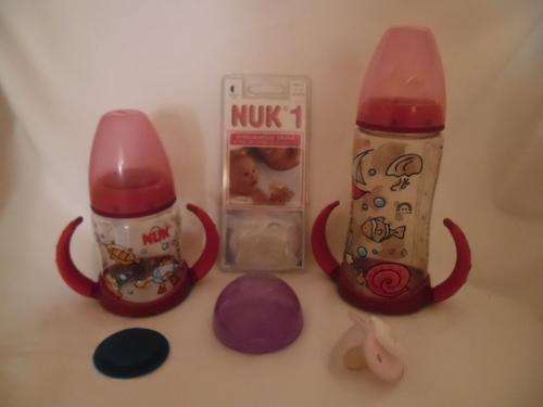 Two NUK Baby Bottles with Learner Handles, NEW Vented Silicone Teats, Soother & Saver