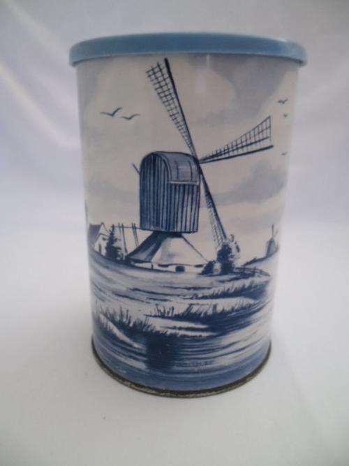 VINTAGE ENAMELLED DELFT BLUE DUTCH SCENE WINDMILL, SAILBOAT & JAN VAN RIEBEECK EMBOSSED LID