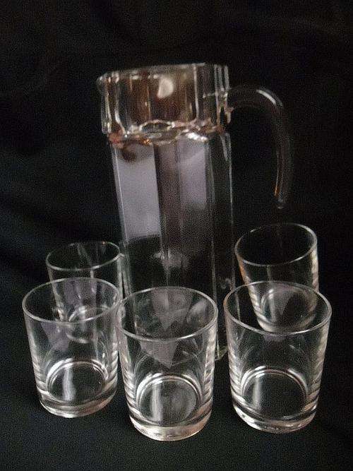 LARGE PITCHER JUG PLUS FIVE TUMBLERS ALL MADE IN FRANCE