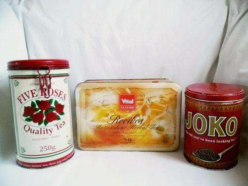 THREE EXCELLENT VINTAGE TEA TINS, FIVE ROSES WITH LATCH, JOKO & ROOIBOS VITAL, REDUCED BY R50.00