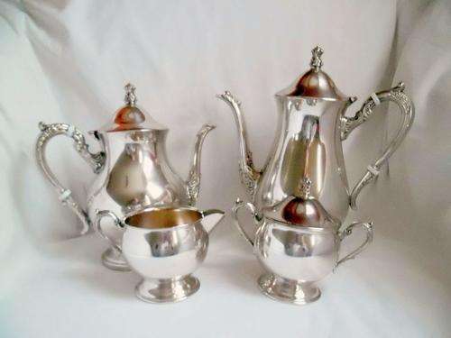 LOVELY VINTAGE ORNATE SILVER PLATED FOUR PIECE COFFEE POT & TEAPOT SET, PROFESSIONAL CLEANED!