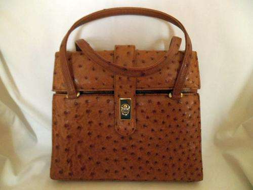 RARE VINTAGE GENUINE OSTRICH FULL LEATHER HANDBAG BY CAPE COBRA - ELEGANT GRACE KELLY STYLE
