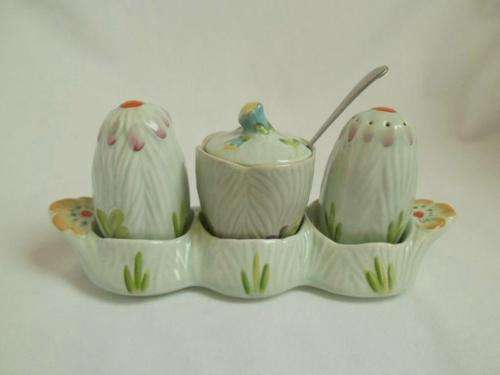 NOW REDUCED BY 50 %! LOVELY RARE VINTAGE MAJOLICA *BESWICK WARE* CONDIMENT SET INCLUDED SPOON