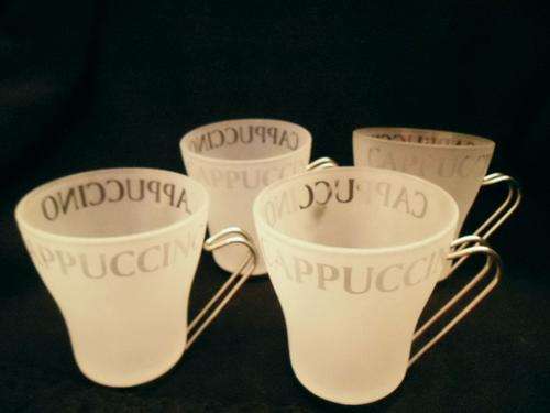 FOUR ELEGANT *BORMIOLI* FROSTED GLASS CAPPUCCINO GLASSES, ALMOST LIKE NEW! REDUCED BY R40.00!
