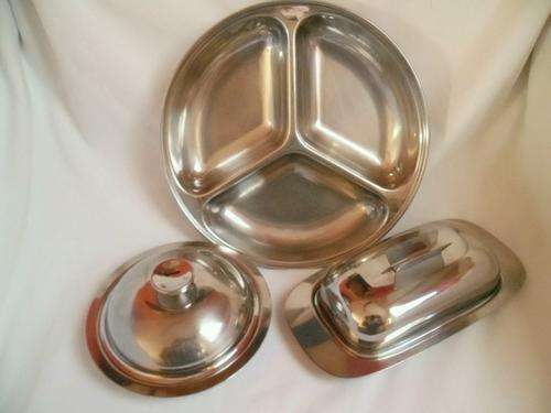 THREE VINTAGE *ALOE* 18/8 STAINLESS STEEL DISHES
