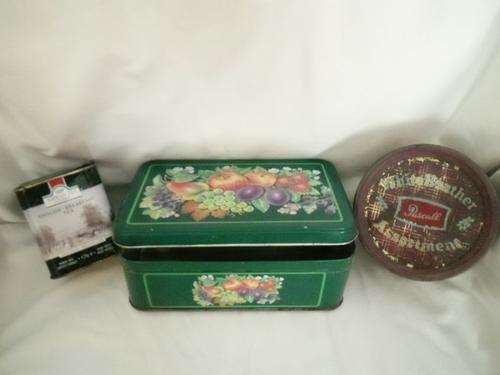 THREE VINTAGE TINS: PASCALL, ENGLISH BREAKFAST TEA & HINGED FRUIT DESIGN