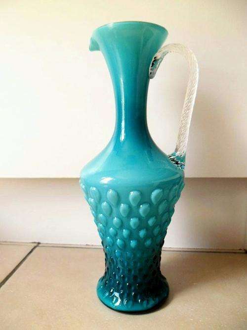 LESS 50 %! VERY SCARCE 50/60s LARGE MURANO VENETIAN ITALIAN *EMPOLI* TURQUOISE CASED ART GLASS JUG