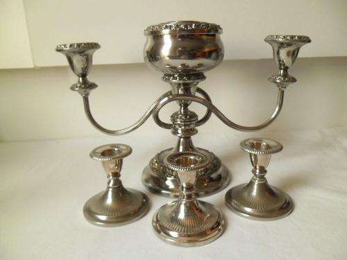 VINTAGE RARE SILVER PLATED *LANTHE* CANDELABRA WITH ROSE BOWL & THREE *LANTHE* CANDLE STICKS