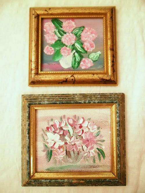 NOW REDUCED BY 50 %! TWO LOVELY ROMANTIC FLORAL MINIATURE OIL PAINTINGS ON BOARD IN GILT FRAMES