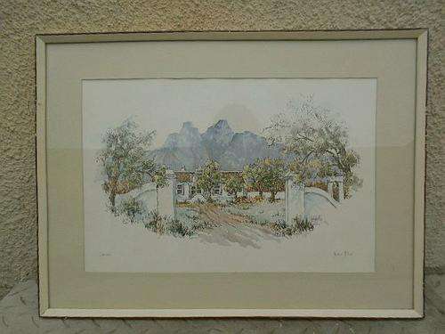 NOW REDUCED BY 50 %! NOREEN MC LEOD *LANZERAC* STELLENBOSCH WATERCOLOUR PRINT FRAMED BEHIND GLASS