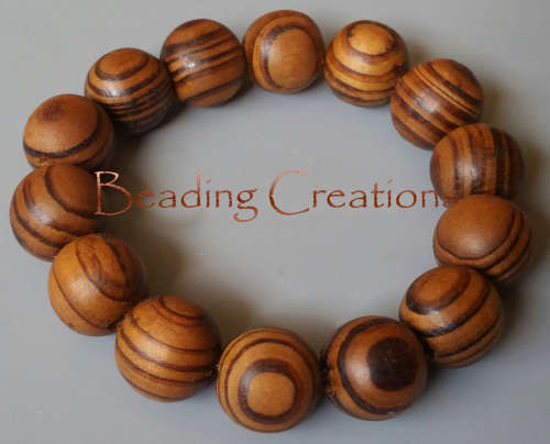 WOODEN BEADS - NATURAL - COFFEE STRIPED - ROUND - 30mm