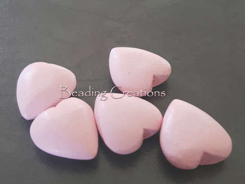 DESIGNER - HAND PAINTED - NATURAL WOODEN HEART BEADS - BABY PINK - 20x22mm