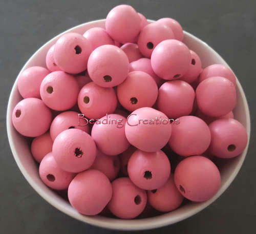 WOODEN BEADS - DESIGNER - HAND PAINTED - NATURAL ROUND - ROSE PINK - 24mm