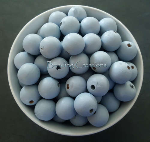 WOODEN BEADS - DESIGNER - HAND PAINTED - NATURAL ROUND - BABY BLUE - 24mm
