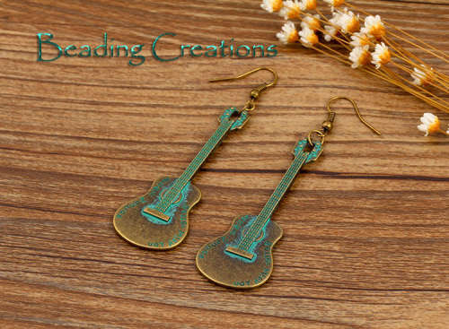 EARRINGS - RETRO FASHION - BRONZE - GUITAR - DROP AND DANGLE - 65mm