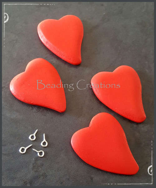 DESIGNER - HAND PAINTED - NATURAL WOODEN HEART BEADS WITH EYEPINS - MEDIUM RED - 37x32mm