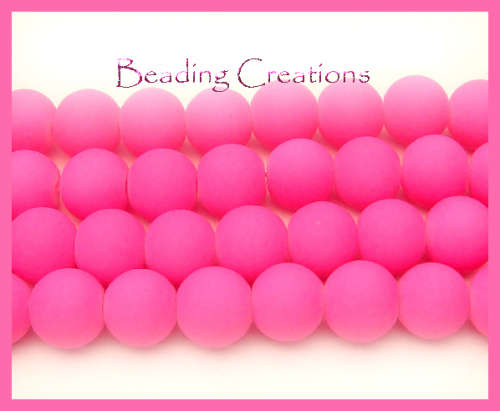 GLASS BEADS - MATTE - RUBBER COATED - NEON PINK - ROUND - 10mm