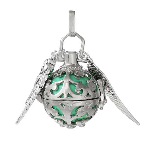 MEXICAN ANGEL CALLER - BOLA - HARMONY WISH BOX PENDANT - SILVERTONE - 18mm MINT GREEN BALL