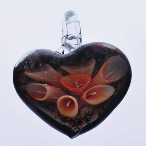PENDANTS - INNER FLOWER MURANO GLASS LAMPWORK - HEART - ORANGE AND GOLD SAND - 38.50x43.50x12.50mm