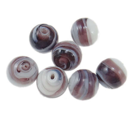 GLASS BEADS - PLATED LAMPWORK - ROUND - PURPLE AND WHITE SWIRL - 12mm