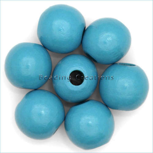 WOODEN BEADS - NATURAL - SKY BLUE - ROUND - 14mm - 8 PCS