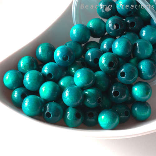WOODEN BEADS - NATURAL - LIGHT TEAL - ROUND - 14mm - 8 PCS