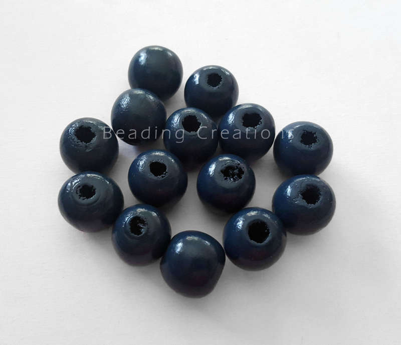 WOODEN BEADS - NATURAL - DARK BLUE - ROUND - 14mm - 8 PCS