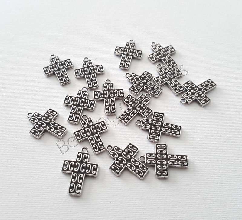 CHARMS - ANTIQUE SILVER - CROSS - CARVED PATTERN - 20x15mm