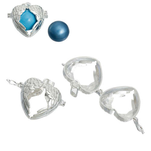 Mexican Angel Caller - Bola - Harmony Ball Wish Box Pendant - Fits 16mm Balls - Silver - Heart Wings