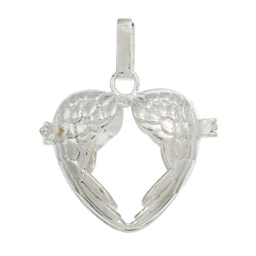Mexican Angel Caller - Bola - Harmony Ball Wish Box Pendant - Fits 16mm Balls - Silver - Heart Wings