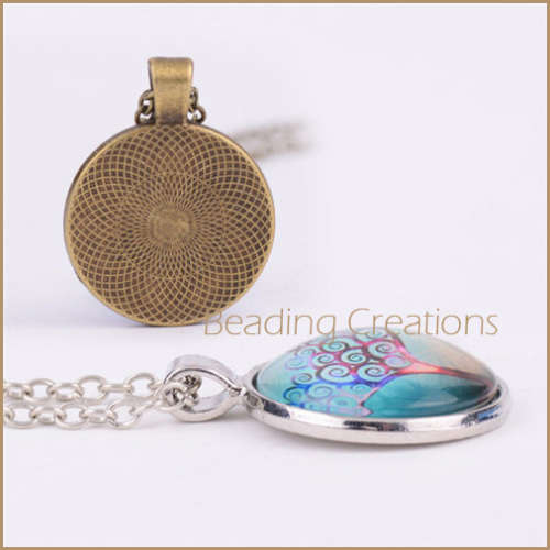 NECKLACE WITH CHAIN - CABOCHON - DANDELION - BALLET DANCER - ANTIQUE BRONZE - GLASS PENDANT