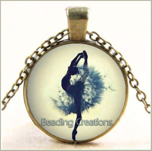 NECKLACE WITH CHAIN - CABOCHON - DANDELION - BALLET DANCER - ANTIQUE BRONZE - GLASS PENDANT
