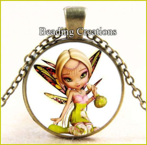 NECKLACE WITH CHAIN - CABOCHON - PIXIE FAIRY - ANTIQUE BRONZE - GLASS - PENDANT