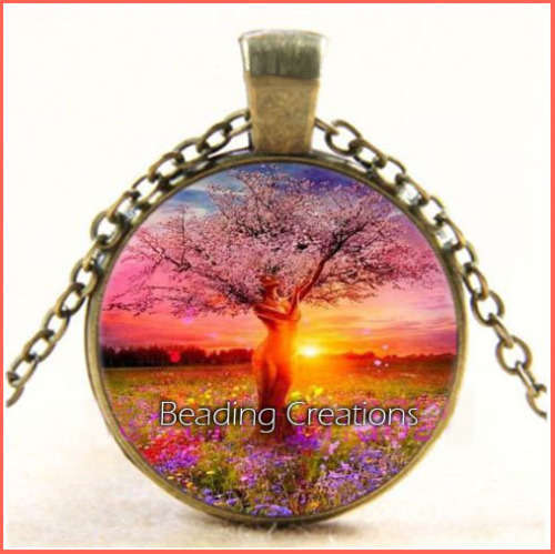 NECKLACE WITH CHAIN - CABOCHON - TREE OF LIFE GODDESS - ANTIQUE BRONZE - GLASS PENDANT
