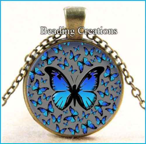 NECKLACE WITH CHAIN - CABOCHON - VINATAGE - BLUE BUTTERFLIES - ANTIQUE BRONZE - GLASS - PENDANT